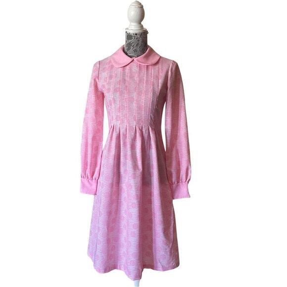 Vintage 60s Handmade Twee Coquette Print Peter Pan Collar Dress Pink - Picture 1 of 8